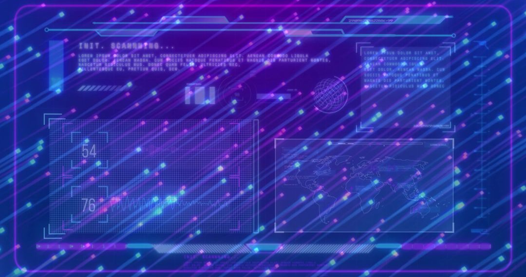 Neon Holographic HUD Interface with Global Data Readouts and Futuristic Light Trails