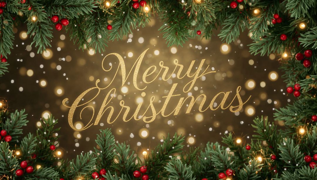 Glittering Gold Merry Christmas Script with Evergreen Garland, Bokeh Lights and Holly