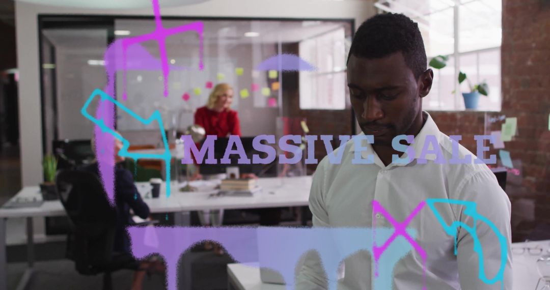 Office teamwork and creativity with overlaid digital graphics