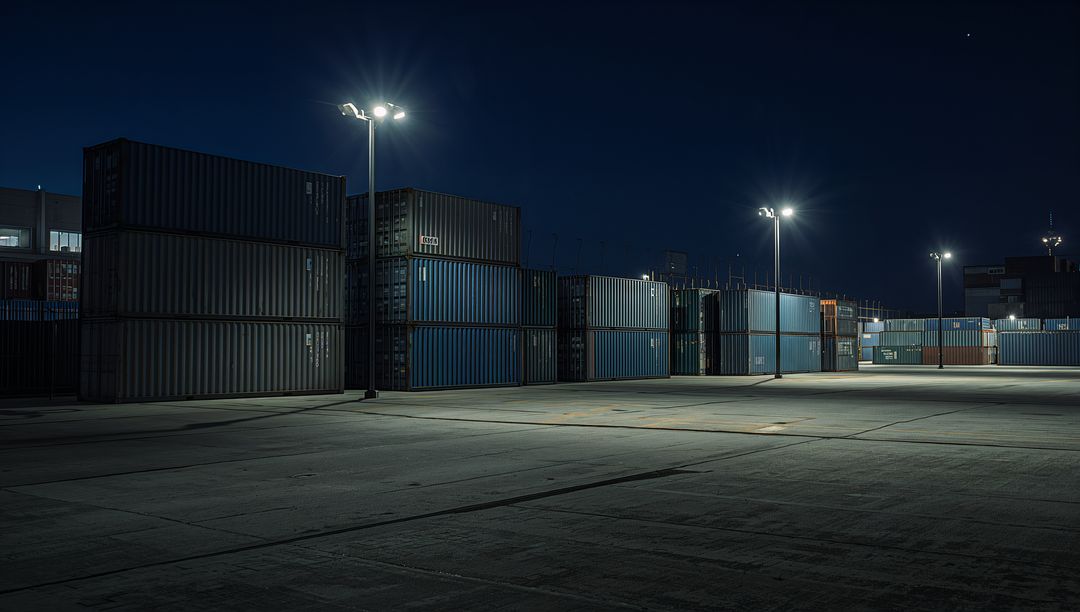 Nighttime Container Terminal with Stacked Shipping Containers Under Floodlights