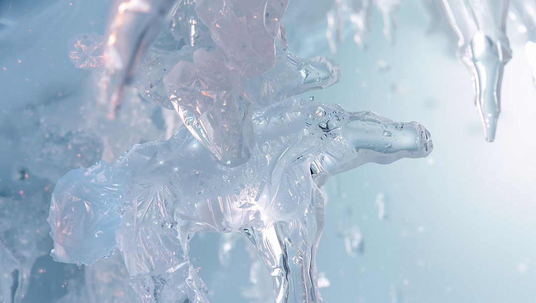 Crystalline Water Droplets Forming Liquid Arcs in Abstract Studio Scene