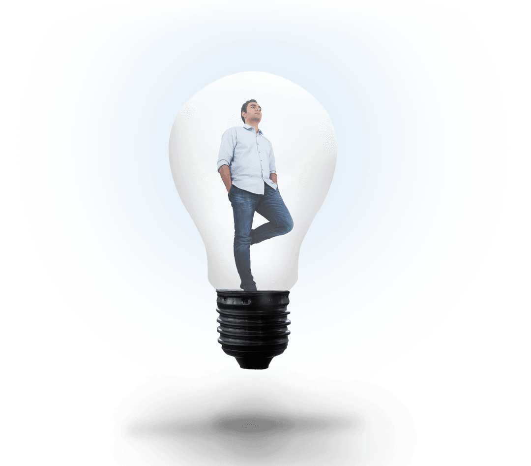 Transparent Light Bulb Concept with Contemplating Man Inside