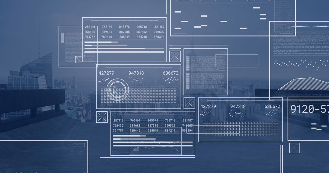 Digital Interface with Data and Cityscape Background