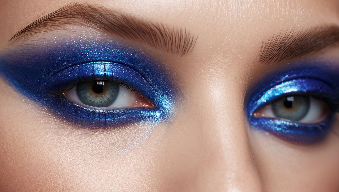 Close-Up Model Eyes with Intense Metallic Cobalt Blue Eyeshadow, Glitter and Dramatic Lashes