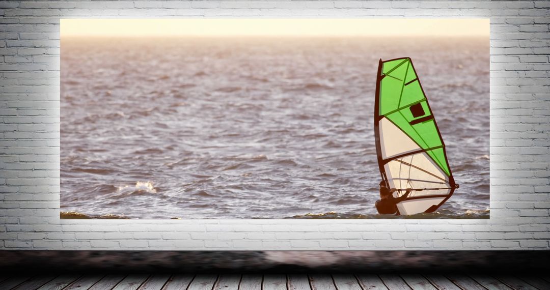 Windsurfer on Ocean Canvas Against Brick Wall Background