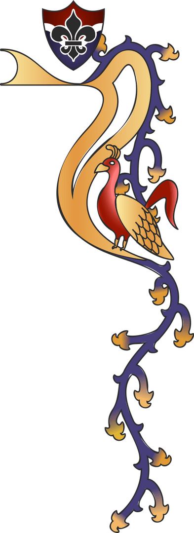 Decorative Medieval Gold Vine with Heraldic Bird and Fleur-de-Lis Shield on Transparent