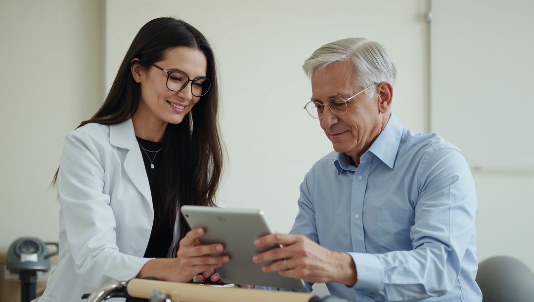 Doctor Consulting Senior Patient with Digital Tablet in Clinic Setting