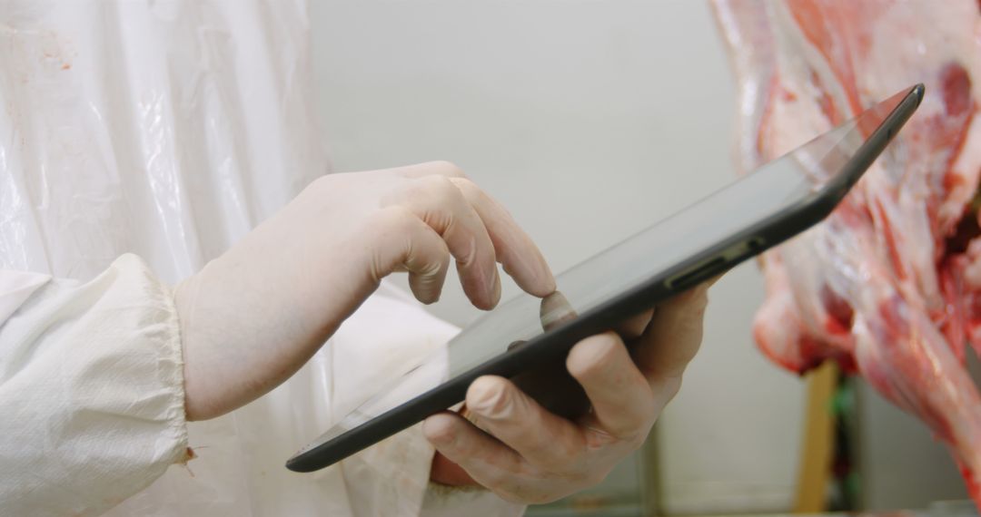 Butcher Uses Digital Tablet in Industrial Meat Storage - Free Images, Stock Photos and Pictures on Pikwizard.com