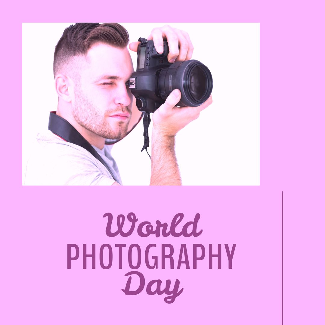 Man Celebrating World Photography Day with Camera - Download Free Stock Templates Pikwizard.com