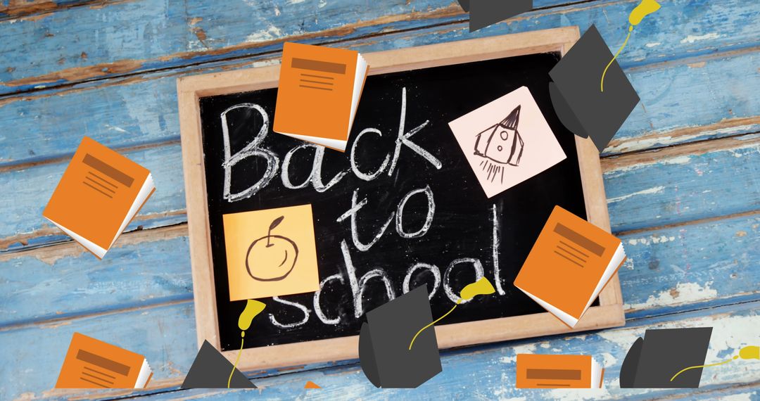 Playful School Chalkboard with Flying Papers and Chalk Drawings