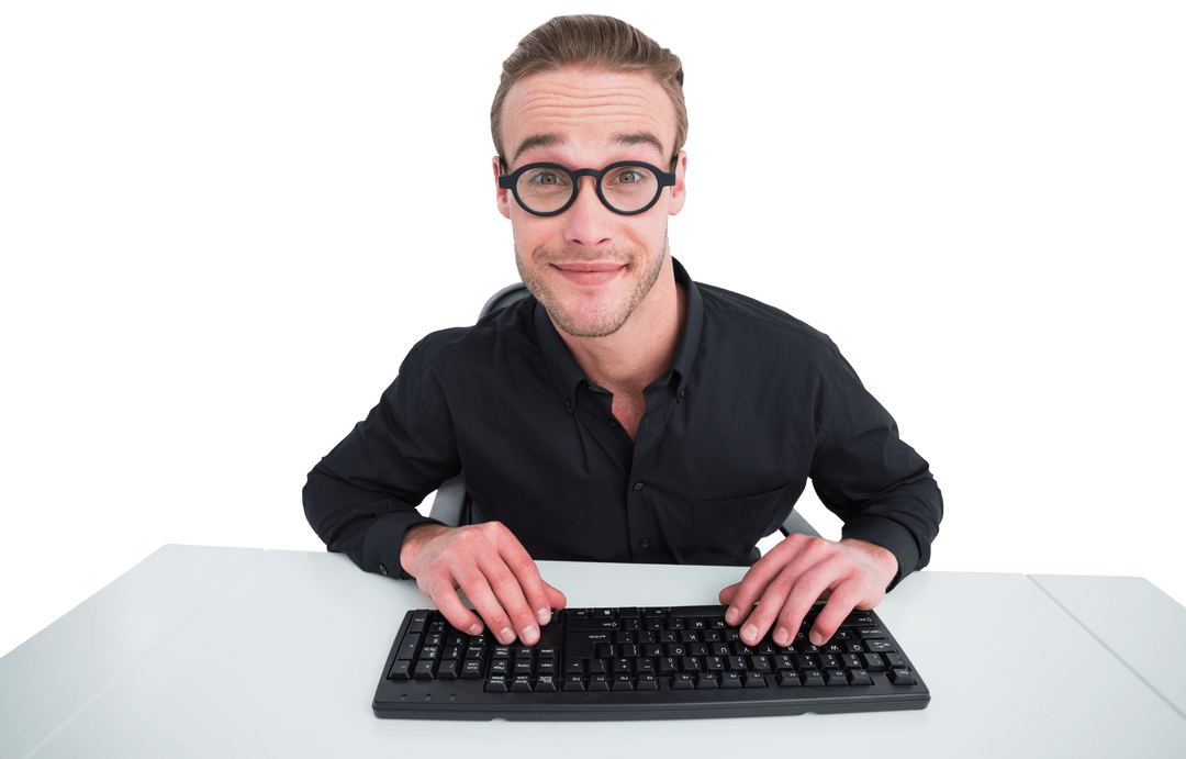 Transparent Smiling Businessman Typing at Desk with Keyboard