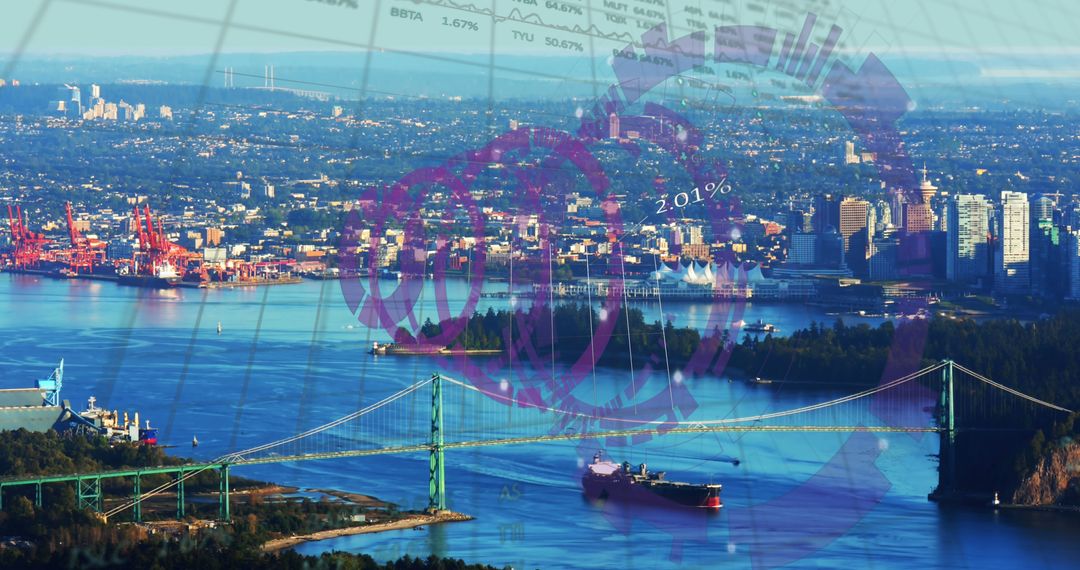 Digital Interface Elements Overlay City Harbor Aerial View