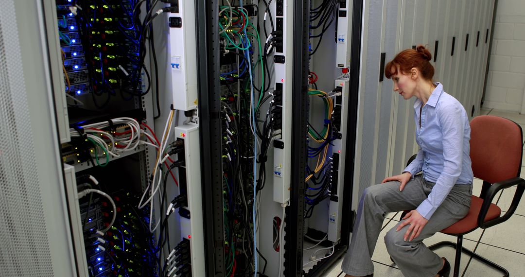 Female Technician Inspecting Server Room Equipment - Free Images, Stock Photos and Pictures on Pikwizard.com