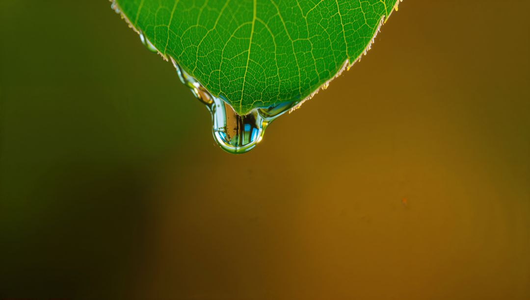Macro water droplet hanging from green leaf tip revealing inverted reflection and veins