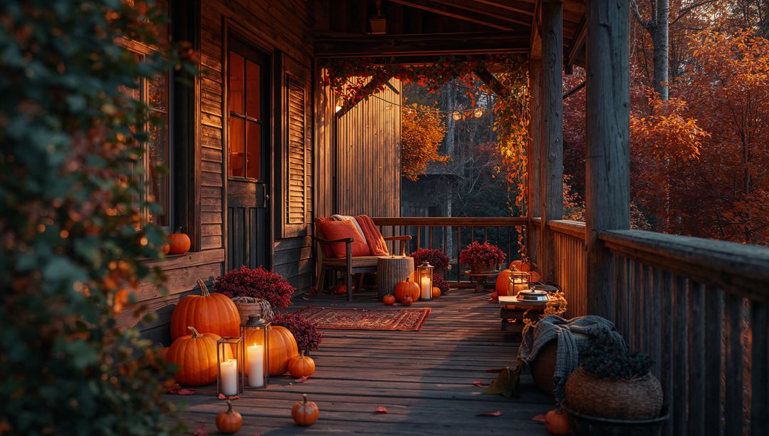Rustic Autumn Cabin Porch with Pumpkins and Lanterns