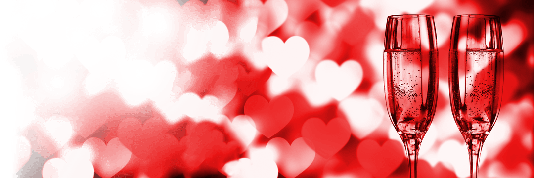 Transparent Rose Petals and Bokeh Hearts with Champagne Glasses