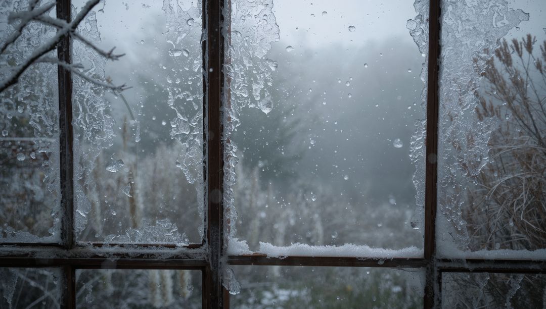 Frosted multi-pane window with melting ice and beaded droplets over misty winter landscape