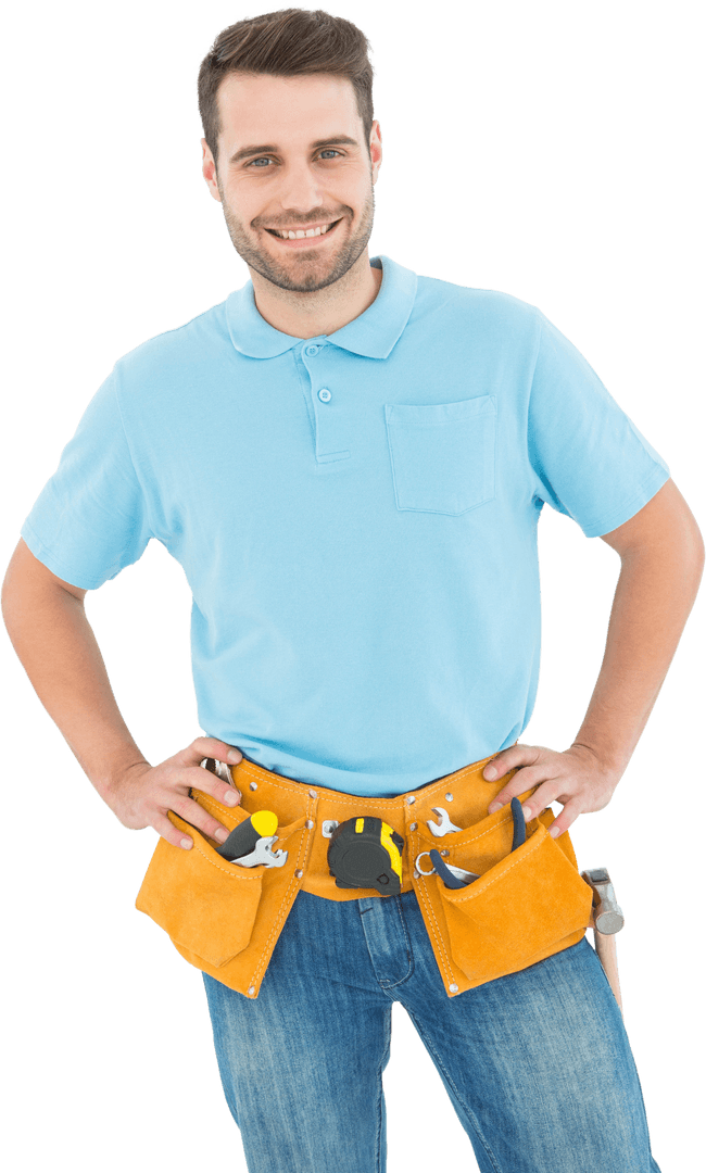 Transparent Portrait of Happy Carpenter with Tool Belt