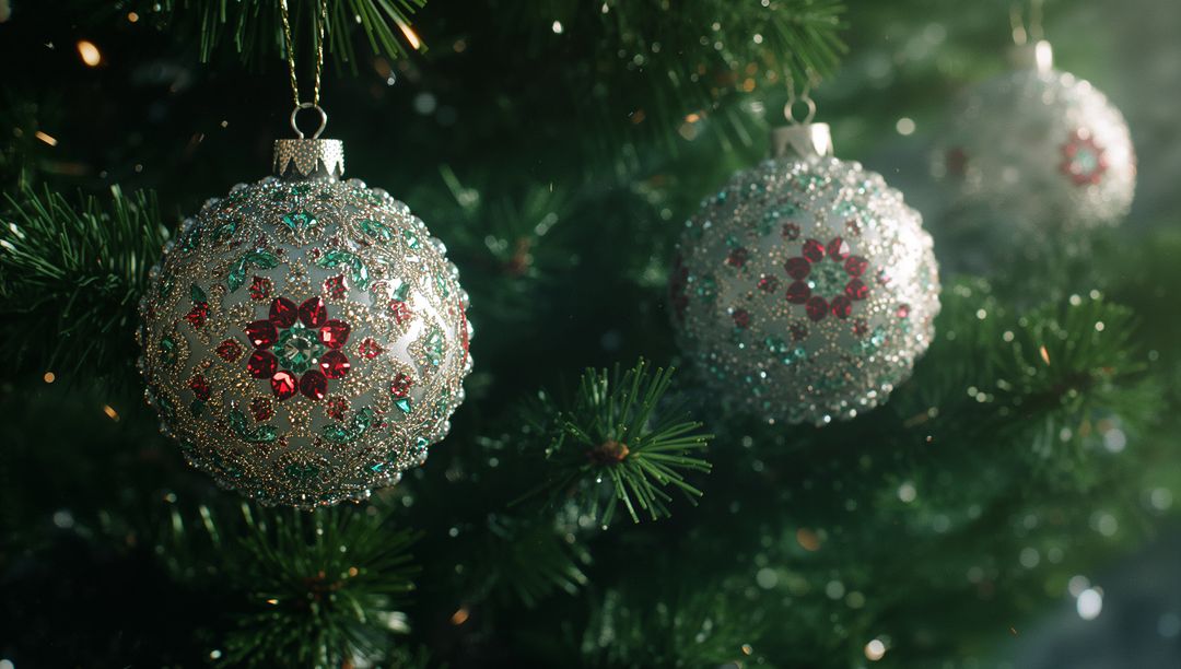Sparkling Christmas Baubles on Festive Pine Branch