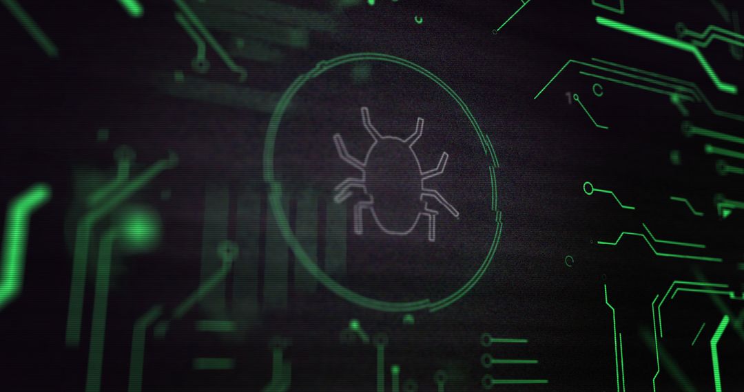 Digital circuit board with bug icon representation