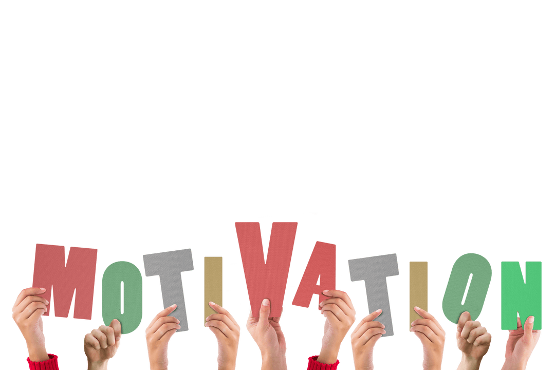 Hands Holding Colorful Motivation Text on Transparent Background