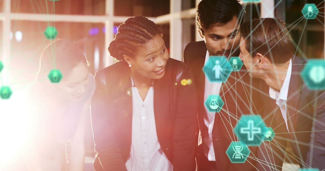 Diverse Business Team Engaging with Digital Network Visuals