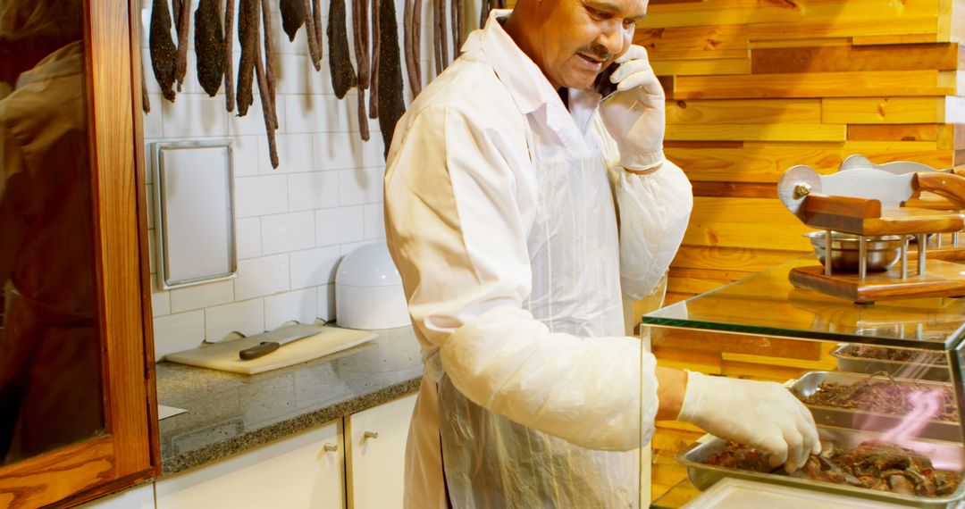 Butcher in White Apron Handling Meat While Talking on Phone - Free Images, Stock Photos and Pictures on Pikwizard.com