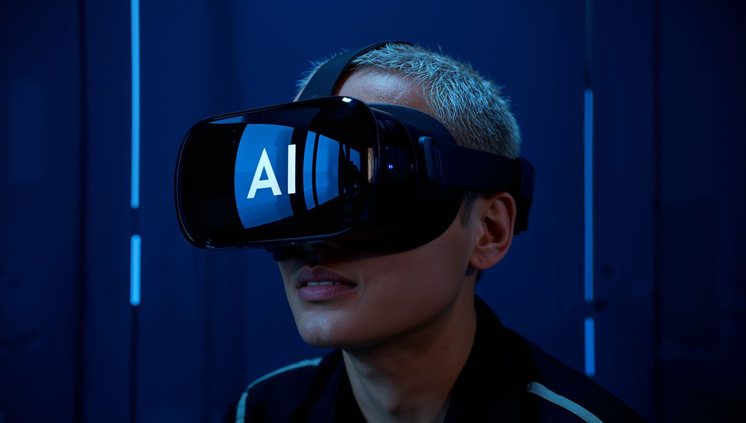 Exploring virtual reality with AI visor in blue neon studio, futuristic headset close-up