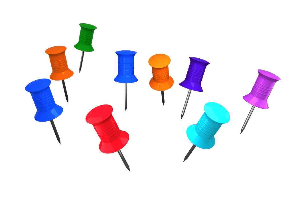 Colorful Drawing Pins on Transparent Background for Office Concepts