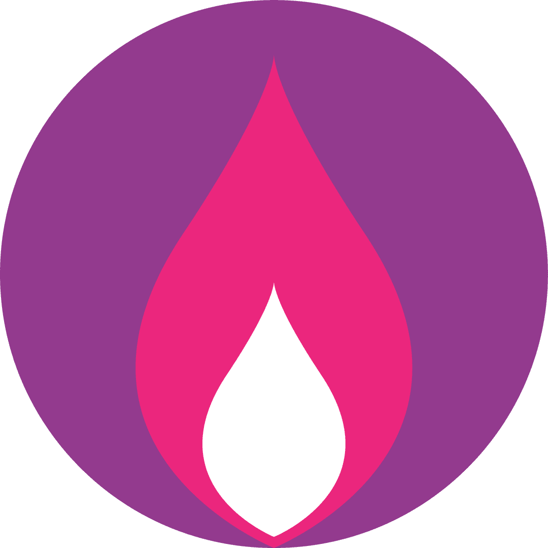 Minimalist Pink and White Flame Icon with Transparent Purple Background
