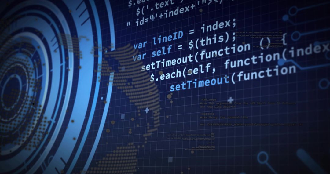 Futuristic JavaScript Code Scrolling Over Cybersecurity HUD with Global Data Visualization