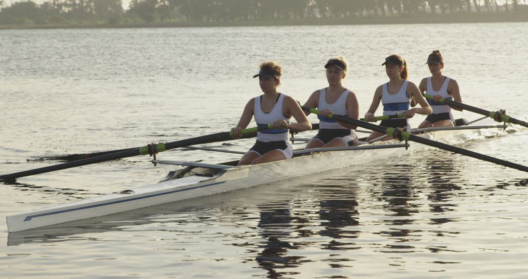 Women Rowing Team Practicing on Calm Lake During Sunset - Free Images, Stock Photos and Pictures on Pikwizard.com