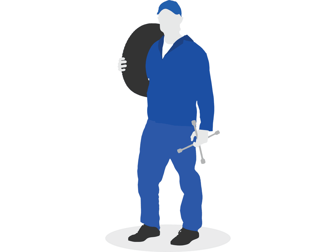Transparent Mechanic in Blue Uniform Holding Tire and Wrench
