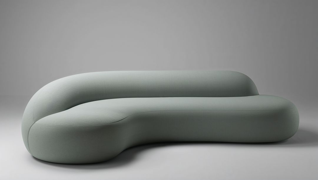 Sculptural Curved Sofa in Pale Sage Woven Fabric with Seam Detailing for Minimal Interiors