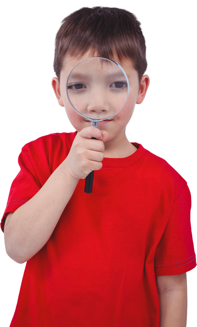 Curious Boy Using Magnifying Glass with Transparent Background