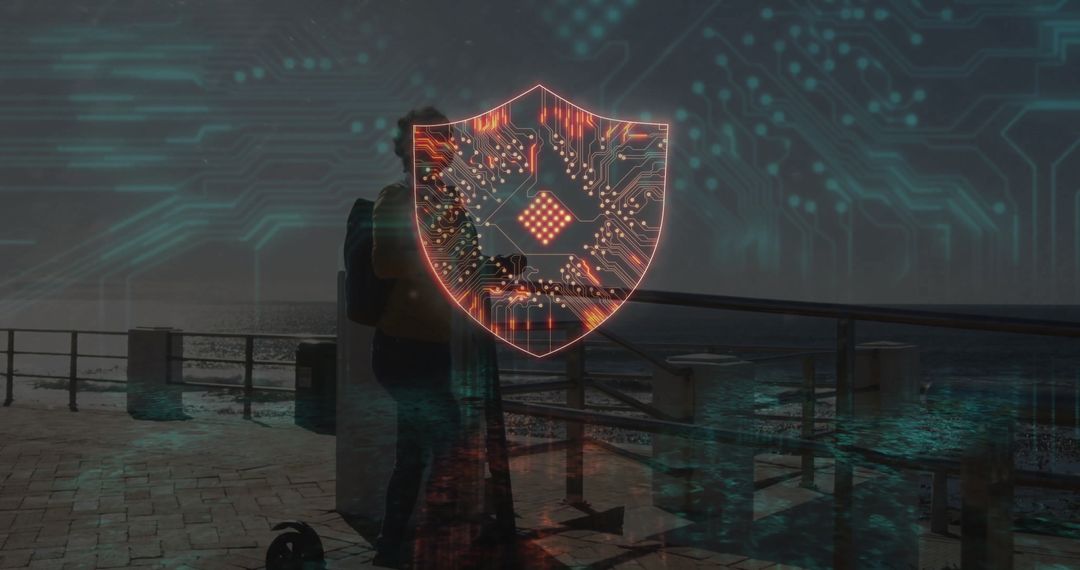 Digital Shield Hologram Overlooking Urban Seascape at Dusk