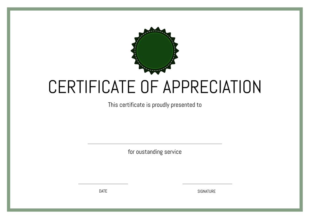 Certificate of Appreciation Template for Outstanding Service with Green Roundel - Download Free Stock Templates Pikwizard.com