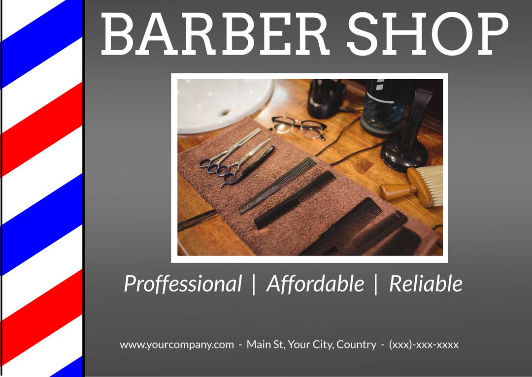 Barber Shop Essentials with Professional Tagline and Contact Information - Download Free Stock Templates Pikwizard.com