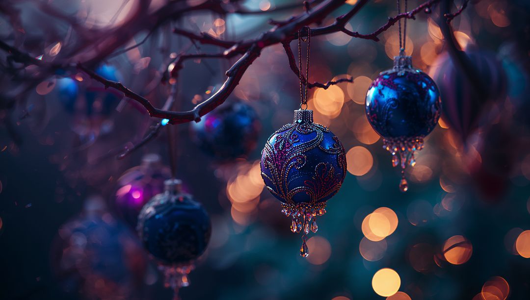 Enchanting Blue-Purple Ornaments on Twilight Tree Branches with Bokeh Lights
