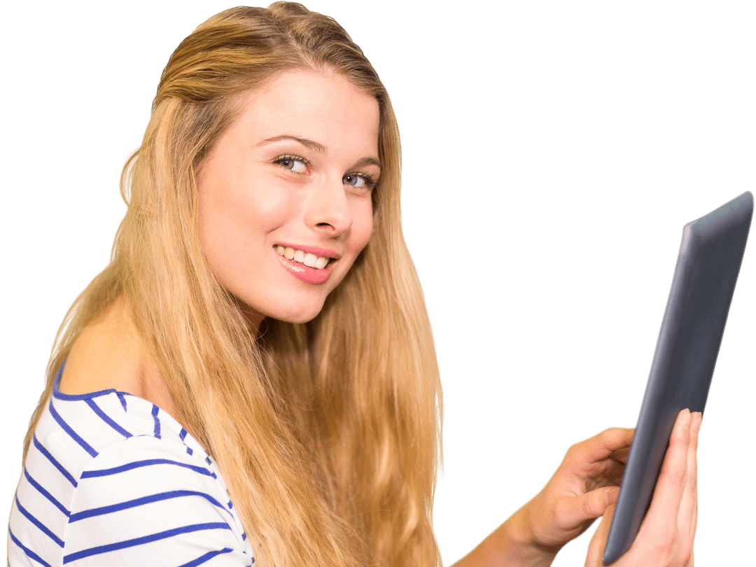 Smiling Young Woman Using Digital Tablet with Transparent Background