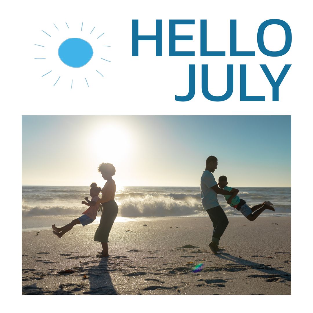Family Enjoying Summer Beach Vacation with July Greetings