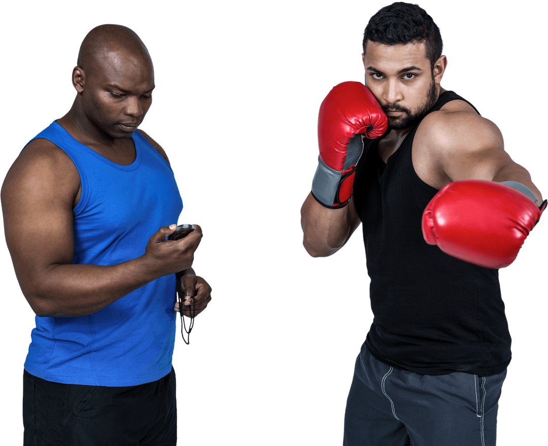 Transparent Coach with Boxer Preparing for Training Session