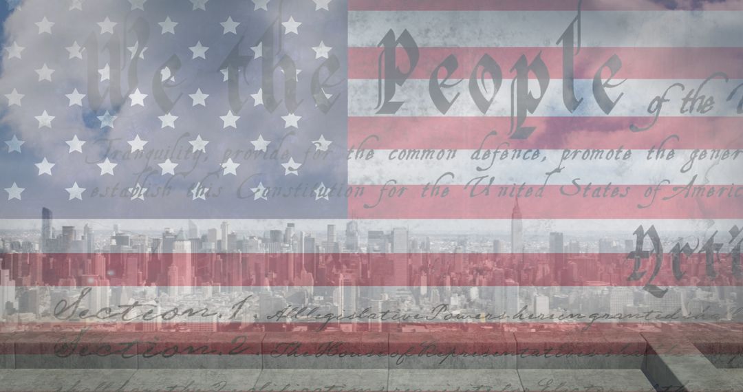 American Flag and Constitution Overlay on Urban Skyline
