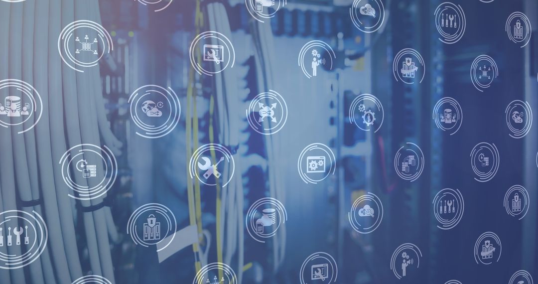 Digital Network Technology with Overlayed Icons on Data Center Background