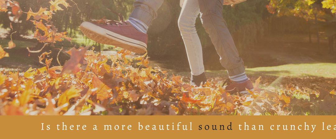 Feet kicking through autumn leaves in sunlight