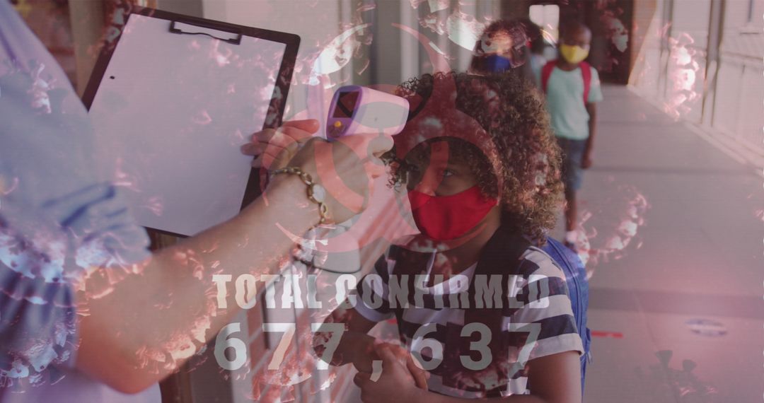 Masked Children Temperature Check During Pandemic with Warning Overlay