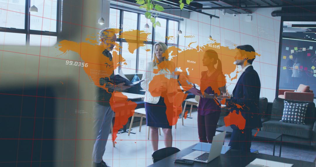 Dynamic Global Business Meeting with Digital World Map Overlay