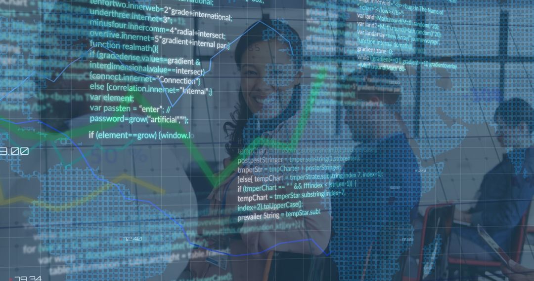 Financial Data Overlay on Team Discussing Business Analytics