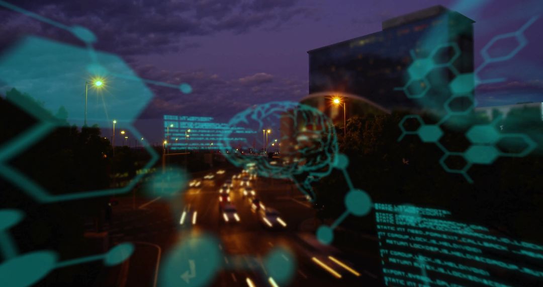Futuristic Digital Network Overlay Above Cityscape at Dusk