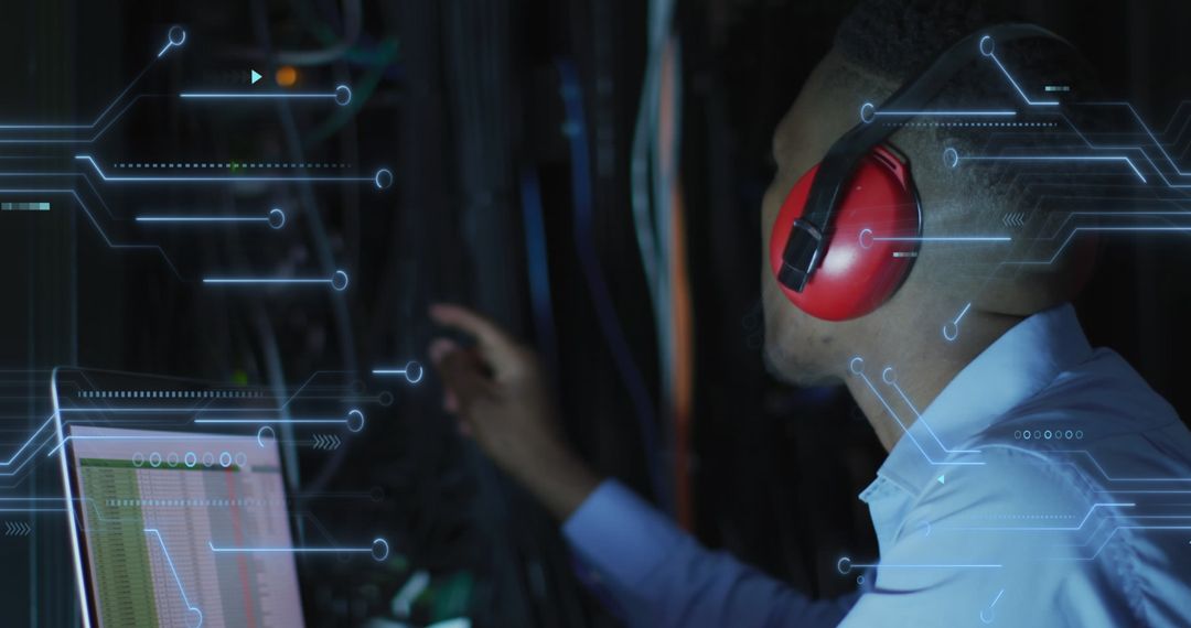 Technician Managing Servers in Data Center with Digital Overlay